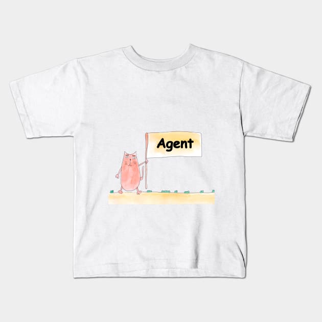 Agent. Profession, work, job. Cat shows a banner with the inscription. Watercolor illustration. A gift for a professional. Kids T-Shirt by grafinya